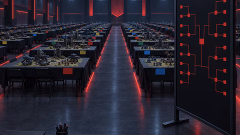 Illustration of a tournament hall with rows of gaming tables and a large bracket board at the front.